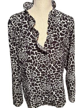 Covington XL 18 Giraffe Print Ruffle Neck Blouse Button Sleeve Top